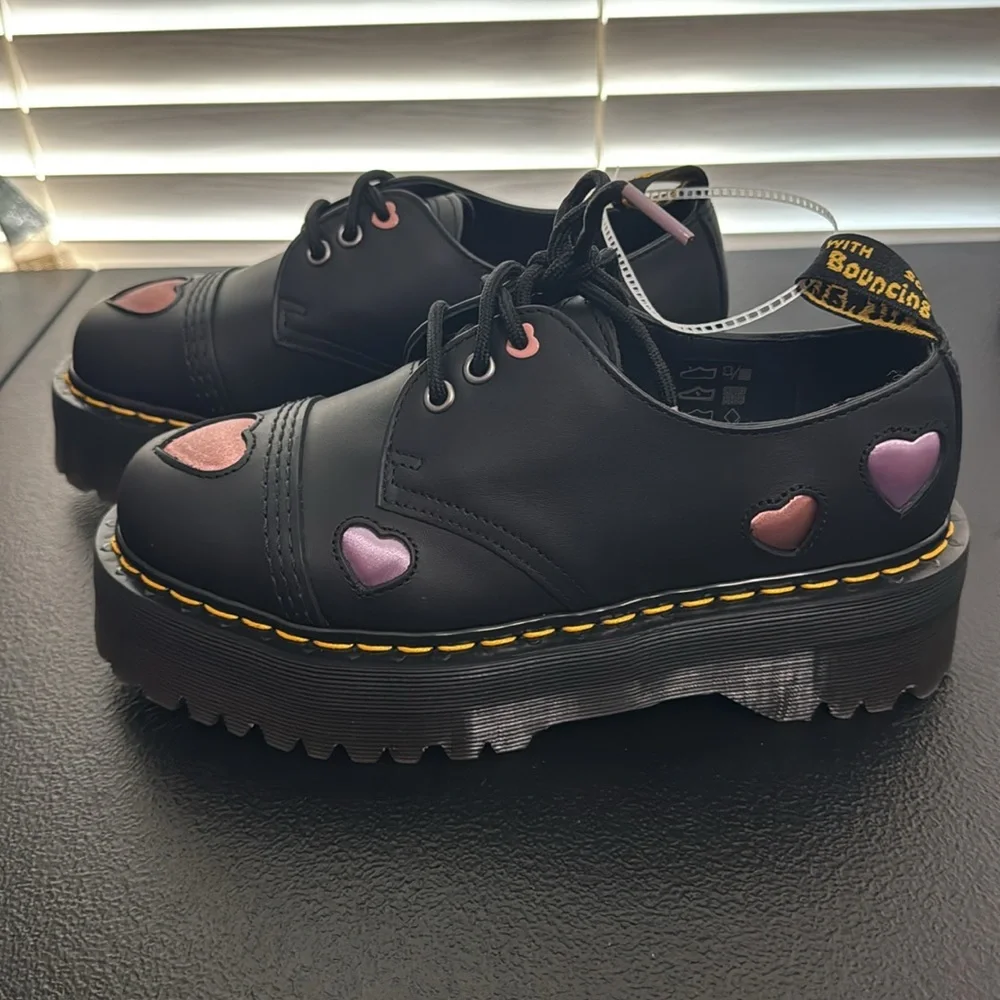 Dr. Martens Black Platform Oxfords with Pink Heart Accents - Picture 5 of 16